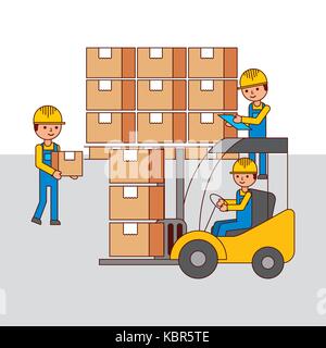 logistic warehouse people forklift and cardboard boxes Stock Vector