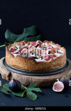 Fig tart on a black background Stock Photo