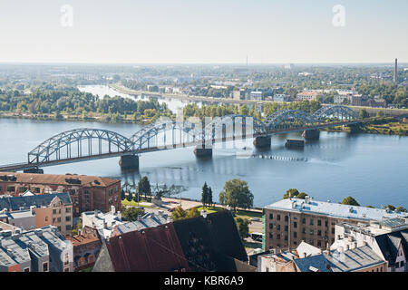 Top view of the railway bridge across the river Daugava. Riga, Latvia Stock Photo