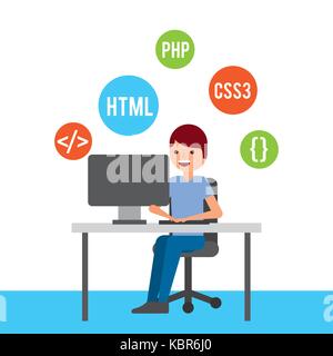 man programmer working on his pc computer coding and programming Stock Vector