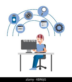 man programmer working on his pc computer coding and programming Stock Vector