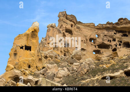 Ancient cave town in Cavusin, Cappadocia, Turkey Stock Photo
