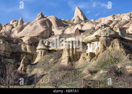 Pigeon valley - scenic canyon at the bottom of which is paved pedestrian trail between towns of Goreme and Uchisar. Cappadocia, Turkey Stock Photo