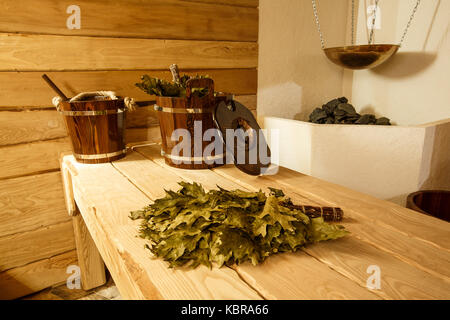 luxury and cute interior of wooden russian sauna Stock Photo