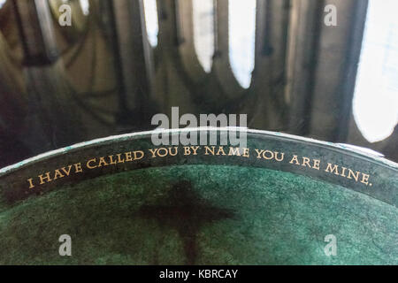 'I have called you by name you are mine'. inscription on font at Salisbury Cathedral, UK Stock Photo