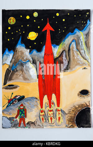 Moon rocket, pupil's drawing, children's drawing, 12 years, Germany Stock Photo