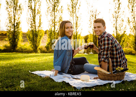 Shot of a happy couple enjoying a day in the park and making a toast Stock Photo