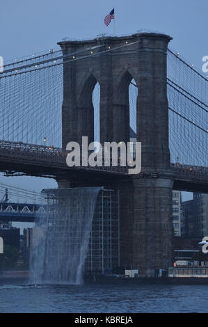 Man-Made Waterfalls under the Brooklyn Bridge Stock Photo