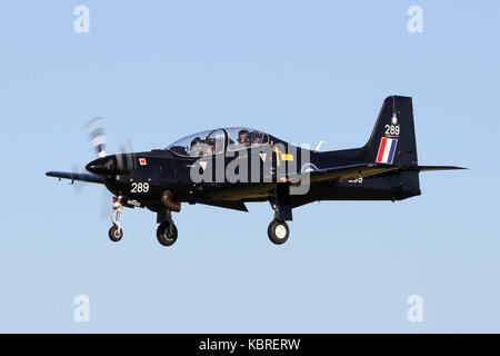 RAF Tucano trainer from 1 Flight Training School at RAF Linton-on-Ouse on the approach into Coningsby. Stock Photo