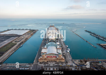 Aerial view of Navy Pier and Lake Michigan. Stock Photo