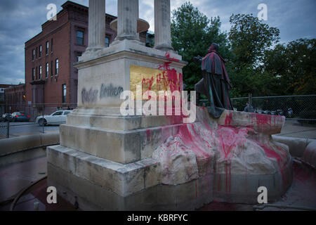 Francis Scott Key statue in Bolton Hill vandalized with spray-paint. Baltimore city recently removed three monuments honoring Confederate figures Stock Photo