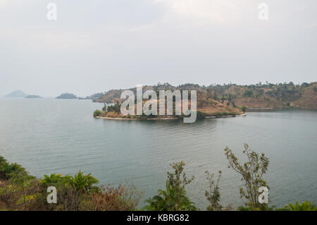 Hiking around Lake Kivu with View onto Peninsula and Islands, Kibuye, Rwanda Stock Photo