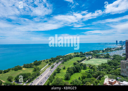 Aerial view of Lake Shore Drive, Belmont Harbor, and Lake Michigan. Stock Photo