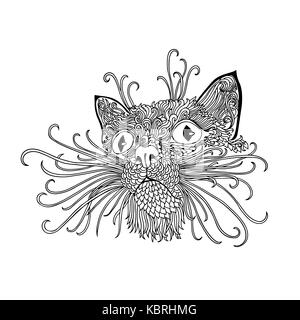 Black and wite cat with ethnic floral ornaments for adult coloring book. Zentagle pattern. doodle illustration. Portrait of a cute pet. Stock Photo