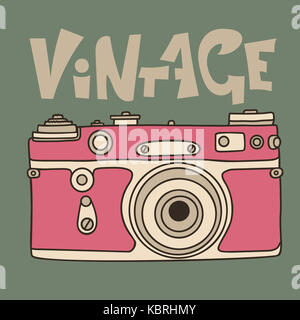 Pink retro film camera icon. Flat illustration. Analog photocamera. Vintage inscription. Stock Photo