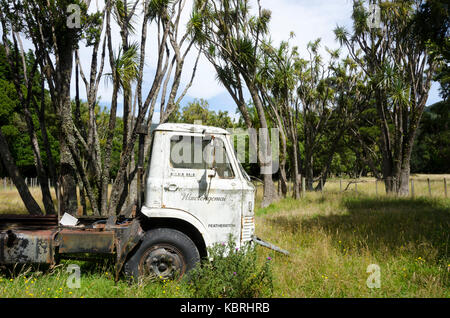 Derelict truck in field, Western Lake , Wairarapa, North Island, New Zealand Stock Photo