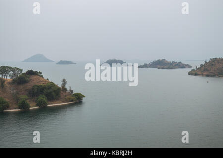 Hiking around Lake Kivu with View onto Peninsula and Islands, Kibuye, Rwanda Stock Photo