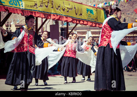 LEH, INDIA - SEPTEMBER 20, 2017: Unidentified artists in Ladakhi costumes at the Ladakh Festival on September 20, 2017, Leh, India. Stock Photo