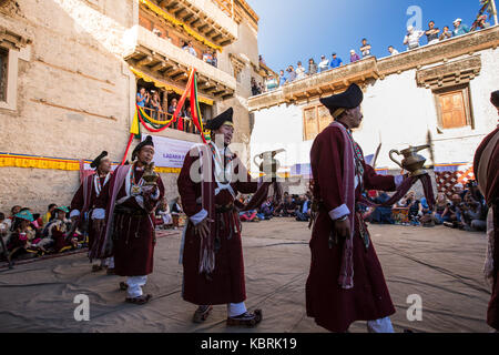 LEH, INDIA - SEPTEMBER 20, 2017: Unidentified artists in Ladakhi costumes at the Ladakh Festival on September 20, 2017, Leh, India. Stock Photo