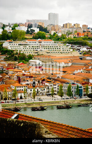 PORTO, PORTUGAL - APRIL 21, 2012 - View towards wine cellars of Porto wine.  Port wine is a Portuguese fortified wine produced exclusively in the Dour Stock Photo