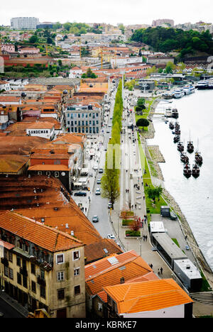 PORTO, PORTUGAL - APRIL 21, 2012 - View towards wine cellars of Porto wine.  Port wine is a Portuguese fortified wine produced exclusively in the Dour Stock Photo