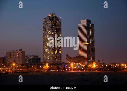 Barcelona, Spain - March 11: Mapfre twin towers at night, Barcelona, Spain on March 11, 2013. Stock Photo