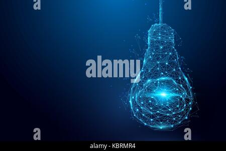 Brain in a lightbulb from lines and triangles, point connecting network on blue background. Illustration vector Stock Vector