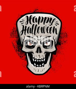 Happy Halloween, greeting card. Scary skull or monster. Lettering vector illustration Stock Vector