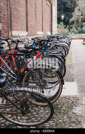 A row of bikes parked on the street in Cambridge. Cambridge has the highest level of cycling in the country with one in four residents cycling to work Stock Photo