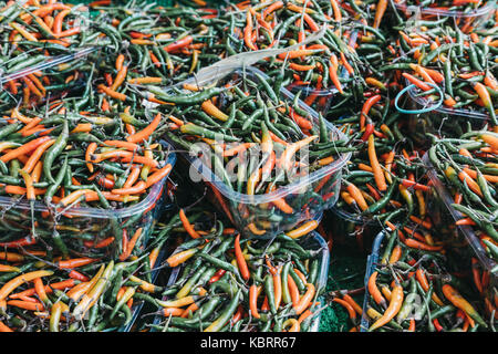 Green and red chillies in plastic boxes on sale at a street market Stock Photo