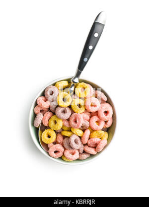 Colorful cereal rings in bowl isolated on white background. Stock Photo