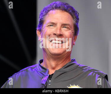 London, UK. 30th September, 2017. One of the greatest Quarterbacks in NFL history, Dan Marino at NFL on Regent Street - the length of London's major Shopping street is closed to traffic all day as fan event takes over. Celebrating the following day's NFL game between Miami Dolphins v New Orleans Saints at Wembley Stadium. Players from both teams appear on stage as well as 'NFL Legends' , Cheerleaders and personalities, London September 30th 2017  Photo by Keith Mayhew/Alamy Live News Stock Photo