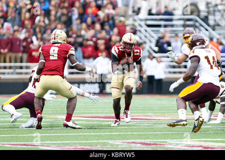 Alumni Stadium. 30th Sep, 2017. MA, USA; Boston College Eagles running back Jon Hilliman (32) in action during the first half of the NCAA football game between Central Michigan Chippewas and Boston College Eagles at Alumni Stadium. Boston College defeated Central Michigan 28-8. Anthony Nesmith/CSM/Alamy Live News Stock Photo