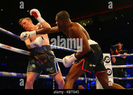 Liverpool, UK. 30th Sep, 2017. TOM FARRELL (Grey/White/Blue Shorts) loses to OHARA DAVIES (Black and White Shorts) for WBA International Super-Lightweight Championship Tittle at the Matchroom Boxings Battle on the Mersey at Echo Arena, Liverpool Picture by Credit: Stephen Gaunt/Alamy Live News Stock Photo