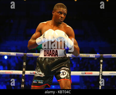 Liverpool, UK. 30th Sep, 2017. TOM FARRELL (Grey/White/Blue Shorts) loses to OHARA DAVIES (Black and White Shorts) for WBA International Super-Lightweight Championship Tittle at the Matchroom Boxings Battle on the Mersey at Echo Arena, Liverpool Picture by Credit: Stephen Gaunt/Alamy Live News Stock Photo