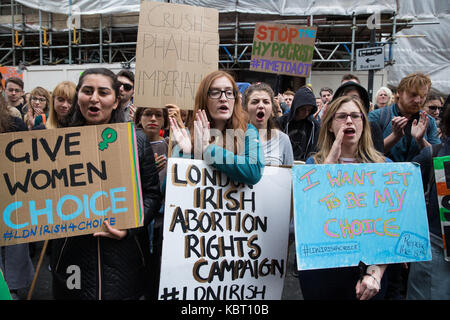 London, UK. 30th September, 2017. Campaigners from the London-Irish Abortion Rights Campaign rally outside the Irish Embassy in solidarity with the 205,704 Irish and Northern Irish women who have travelled to Great Britain for an abortion since the 8th Amendment in 1983 and to demand legislative change in Ireland to guarantee choice. The event was also held in solidarity with the Abortion Rights Campaign's 6th Annual March for Choice in Dublin. Stock Photo