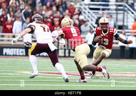 Alumni Stadium. 30th Sep, 2017. MA, USA; Boston College Eagles quarterback Anthony Brown (13) scrambles during the first half of the NCAA football game between Central Michigan Chippewas and Boston College Eagles at Alumni Stadium. Boston College defeated Central Michigan 28-8. Anthony Nesmith/CSM/Alamy Live News Stock Photo