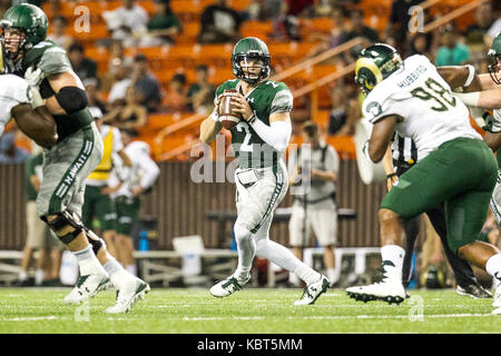 September 30, 2017 - Hawaii Rainbow Warriors quarterback Dru Brown (2) drops back to pass during NCAA football game between Colorado St. Rams and the University of Hawaii Warriors at Hawaiian Airlines Field at Aloha Stadium in Honolulu, Hawaii. Glenn Yoza/CSM Stock Photo