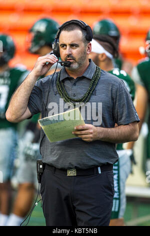 September 30, 2017 - Hawaii Rainbow Warriors head coach Nick Rolovitch preps before the NCAA football game between Colorado St. Rams and the University of Hawaii Warriors at Hawaiian Airlines Field at Aloha Stadium in Honolulu, Hawaii. Glenn Yoza/CSM Stock Photo