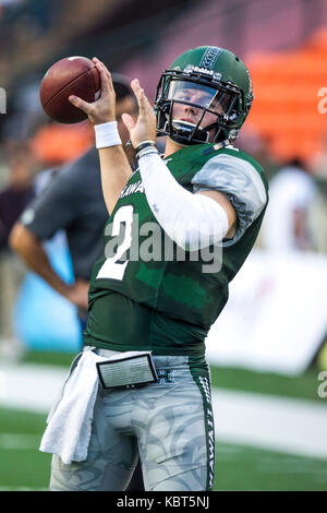 September 30, 2017 - Hawaii Rainbow Warriors quarterback Dru Brown (2) warms up before NCAA football game between Colorado St. Rams and the University of Hawaii Warriors at Hawaiian Airlines Field at Aloha Stadium in Honolulu, Hawaii. Glenn Yoza/CSM Stock Photo