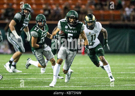 September 30, 2017 - Hawaii Rainbow Warriors wide receiver John Ursua (5) runs for a first down during NCAA football game between Colorado St. Rams and the University of Hawaii Warriors at Hawaiian Airlines Field at Aloha Stadium in Honolulu, Hawaii. Glenn Yoza/CSM Stock Photo