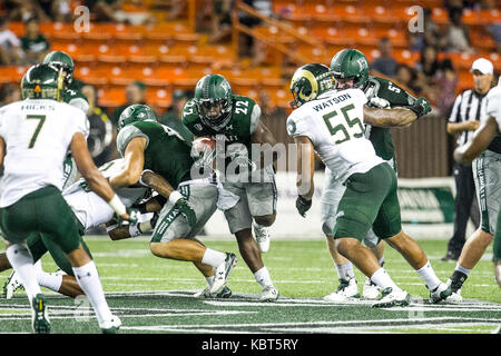 September 30, 2017 - Hawaii Rainbow Warriors running back Diocemy Saint Juste (22) runs the ball during NCAA football game between Colorado St. Rams and the University of Hawaii Warriors at Hawaiian Airlines Field at Aloha Stadium in Honolulu, Hawaii. Glenn Yoza/CSM Stock Photo