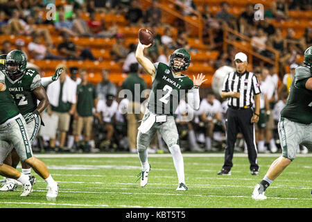 September 30, 2017 - Hawaii Rainbow Warriors quarterback Dru Brown (2) throws a touch down pass in the fourth quarter during NCAA football game between Colorado St. Rams and the University of Hawaii Warriors at Hawaiian Airlines Field at Aloha Stadium in Honolulu, Hawaii. Glenn Yoza/CSM Stock Photo