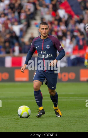 Marco Verratti in action during the French Ligue 1 soccer match between Paris Saint Germain (PSG) and Bordeaux at Parc des Princes. The match was won 6-2 by Paris Saint Germain. Stock Photo