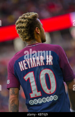 Neymar Jr. during the French Ligue 1 soccer match between Paris Saint Germain (PSG) and Bordeaux at Parc des Princes. The match was won 6-2 by Paris Saint Germain. Stock Photo