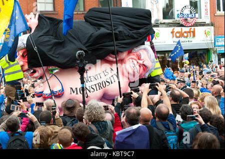 Manchester, UK. 1st October, 2017. An EU Monstrosity Statue is unveiled at the anti-Brexit Rally. Anti-Brexit, protesters gather in Manchester UK. to march on the 1st day of the Tory Party Conference. The Stop Brexit March is a national demonstration, supported by Prof AC Grayling & Alastair Campbell. It brings like-minded people together from across the country on Sunday 1 October 2017 to protest at the Conservative Party Conference: To demand one thing – #StopBrexit Credit:  Graham M. Lawrence/Alamy Live News. Stock Photo