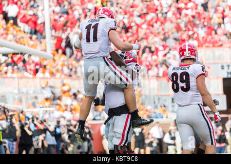 September 30, 2017: Jake Fromm #11 and Lamont Gaillard #53 of the Georgia Bulldogs celebrate a touchdown during the NCAA Football game between the University of Tennessee Volunteers and the University of Georgia Bulldogs at Neyland Stadium in Knoxville, TN Tim Gangloff/CSM Stock Photo