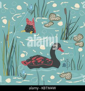 Duck Bird Seamless Pattern. Ducks on the lake. Vector Illustration Stock Vector