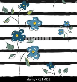 Hand Drawn Seamless Floral Pattern with black stripes texture. Pastel Color of Blue. Modern textile. Vector Illustration. Stock Vector