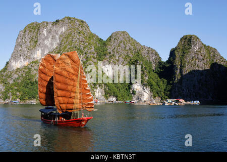 CAT BA, VIETNAM, October 27, 2016 : Traditional junk sails in Cat Ba Archipelago, the southeastern edge of Ha Long Bay. Ha Long Bay has been inscribed Stock Photo